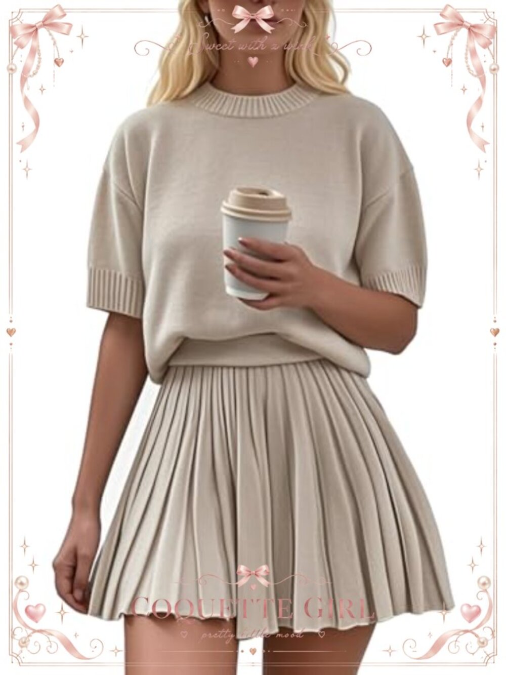 Womens 2 Piece Outfit Short Sleeve Knit Top Pleated Mini Skirt Set